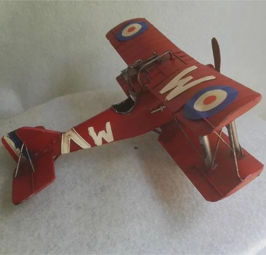 Rode RAF biplane dubbeldekker blikken model vintage 32 cm