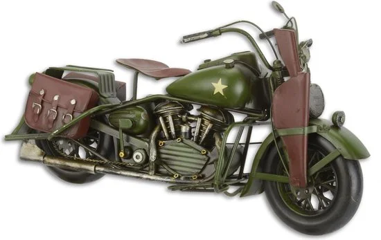 MadDeco blikken legermotor met zadeltassen en geweerhouder metaal groen 34 cm