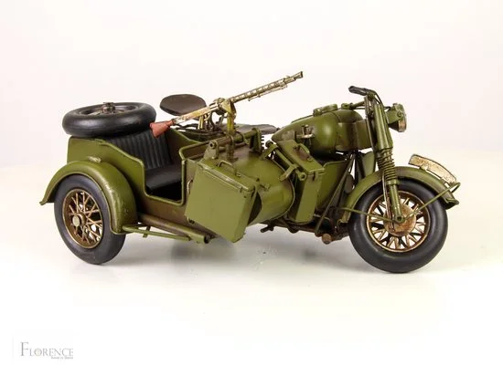 MadDeco blikken legermotor met zijspan groen metaal 37 cm