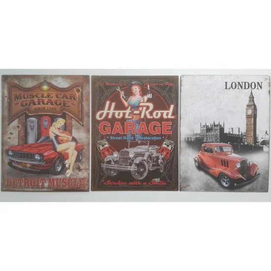 MadDeco Hot Rod Garage reclameborden blik set 3 stuks 25x33 cm