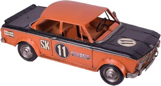 Blikken raceauto retro oranje zwart racenummer 11 handgemaakt 28 cm