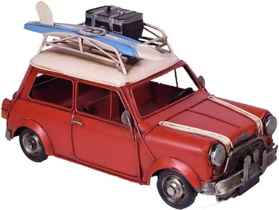 Blikken Mini Cooper rood wit surfplank imperiaal retro decoratie 28,5 cm